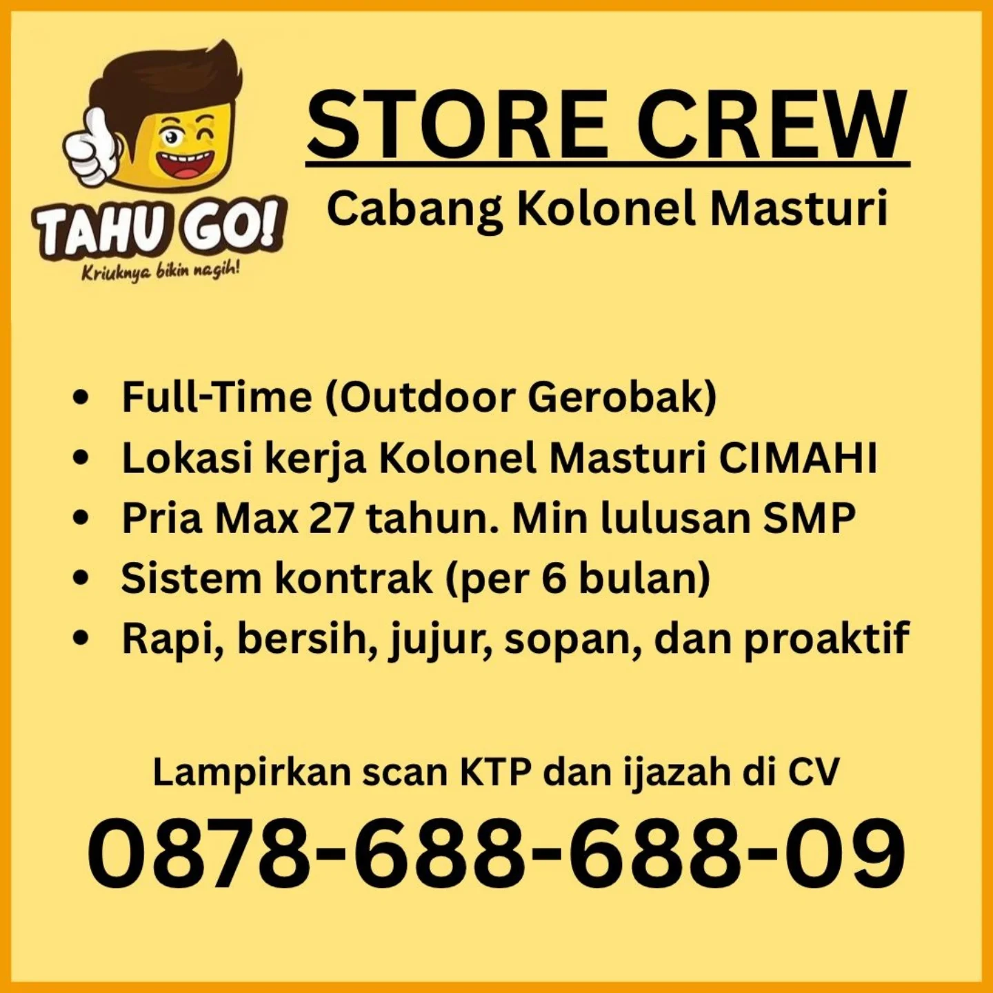 Loker Cimahi: Tahu Go! Buka Lowongan Store Crew di Kolonel Masturi, Buruan Daftar!